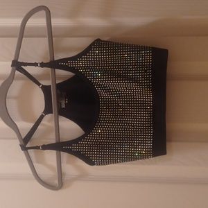 Bella Seamless Black Rhinestone Crop Top Adjustable Spaghetti Straps - Size M